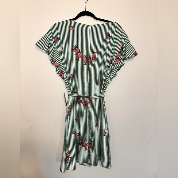 Nine West Green & Pink Striped Dress with Floral Appliqué, Ruffle Sleeve, & Belt - Picture 2 of 5